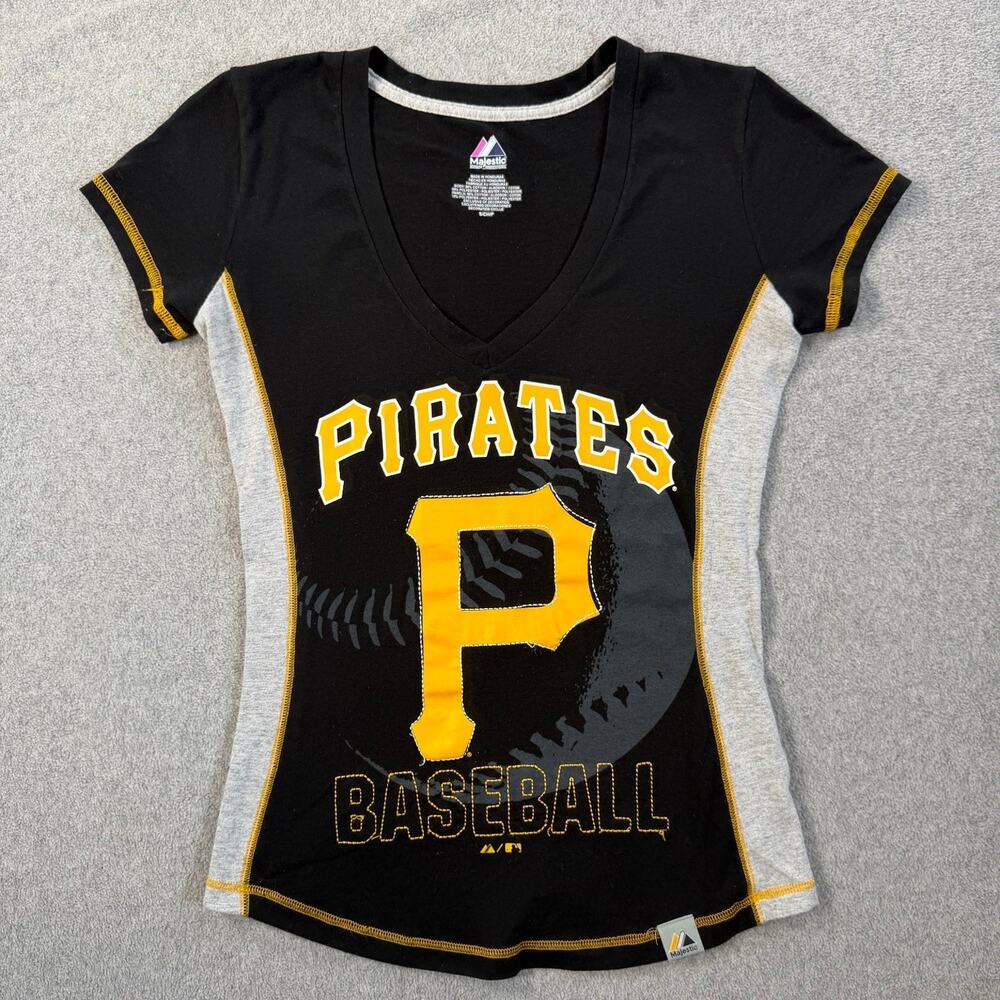 Pittsburgh Pirates Majestic Women's Small S V-Neck T-Shirt MLB Baseball Black